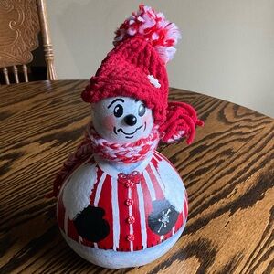 Hand Painted Red White Christmas Winter Snowman Gourd Folk Art Signed 11”